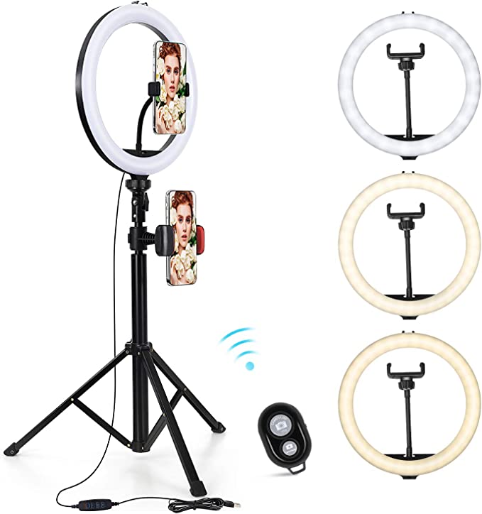 KMASHI 10" Selfie Ring Light with Tripod Stand & Phone Holder for Live Stream/Makeup, Dimmable Led Camera Beauty Ringlight for YouTube TikTok/Photography Compatible for iPhone and Android Phone (10")