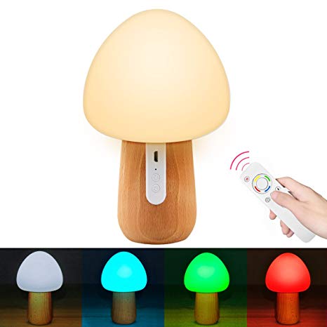 Allnice Remote Control Night Light, Mystery 100% Beech Wooden Eye-Caring LED Mushroom Nursery Lamp, Soft Silicone Relaxing Nightlight for Baby Kids Adults Bedroom