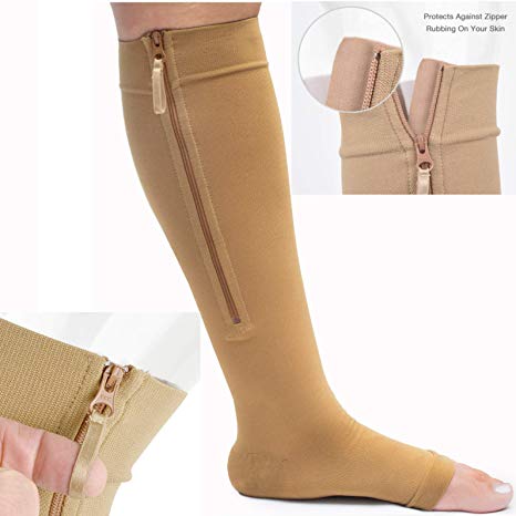 Wide Calf Zippered Compression Socks - Zipper Safe Guard & Open Toe (Sizes Medium to 6XL) 20-30mmHg Leg Support Stocking Men & Women (5XL Calf 21-23in Beige)