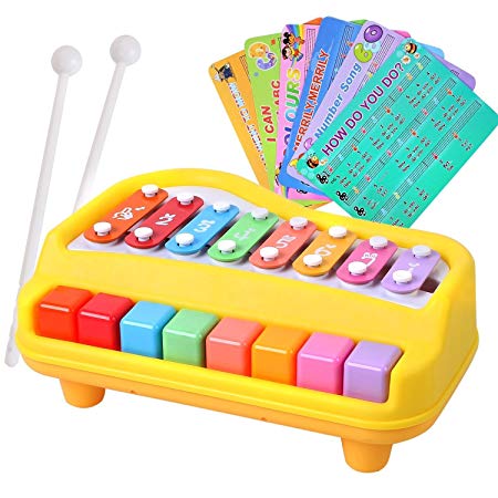rainbow yuango 2 in 1 Piano Xylophone for Kids Multicolored 8 Keys Mini Percussion Glockenspiel Instrument with Music Cards(Yellow)