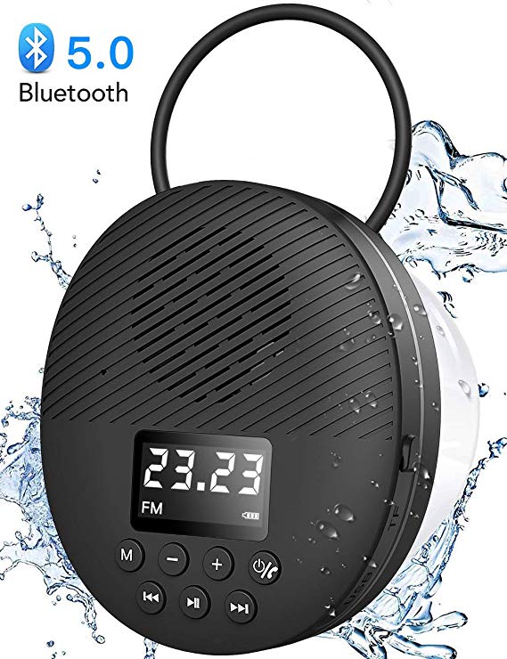 Portable Bluetooth 5.0 Shower Speaker with LED Screen, AGPTEK Waterproof Wireless Speaker with Suction Cup and Lanyard, Supports FM Radio, Hands-free Call, TF Card, Perfect for Shower, Pool, Beach, etc
