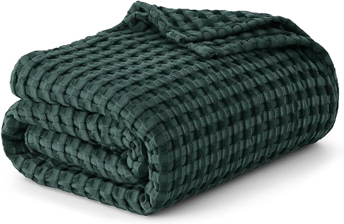 Bedsure Cooling Cotton Waffle King Size Blanket - Lightweight Breathable Blanket of Rayon Derived from Bamboo for Hot Sleepers, Luxury Throws for Bed, Couch and Sofa, Dark Green, 104x90 Inches