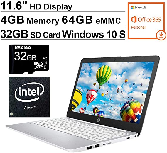 2020 HP Stream 11.6 Inch Laptop, Intel Atom x5 E8000 up to 2.0 GHz, 4GB RAM, 64GB eMMC, Win10 S (1 Year Office 365 Personal Included), White   NexiGo 32GB MicroSD Card Bundle