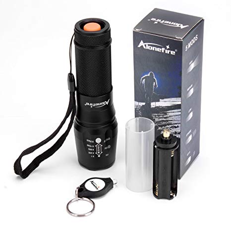 Alonefire X800 Led Flashlight Tactical Brightest Flashlights Handheld Torch XML T6 power Zoomable Adjustable Focus 5 Modes Water Resistant Portable free flashlight keychain for Outdoor Sports