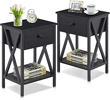 VECELO Modern X-Design Night Stand Versatile Nightstands End Side Table with Drawer &Storage Shelf, Drawer, Black