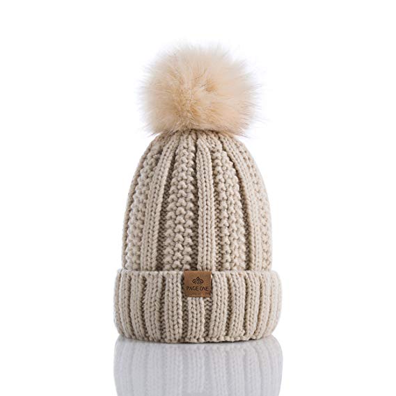 PAGE ONE Womens Winter Thick Cable Knit Beanie Faux Fur Pom Hat Fleece Lined Skull Cap