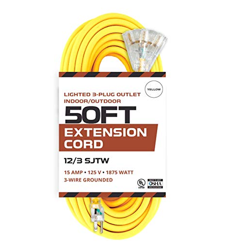 50 Foot Lighted Outdoor Extension Cord with 3 Electrical Power Outlets - 12/3 SJTW Heavy Duty Yellow Extension Cable with 3 Prong Grounded Plug for Safety