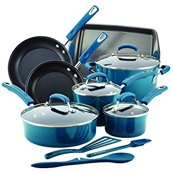 Rachael Ray 14 Piece Hard Enamel Nonstick Cookware Set, Marine Blue