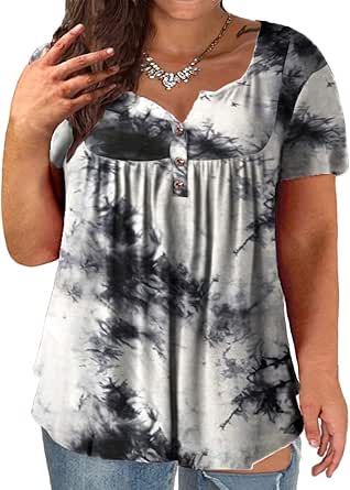 Plus-Size Tops for Women Summer Henley Shirts Flowy Tunics Tee