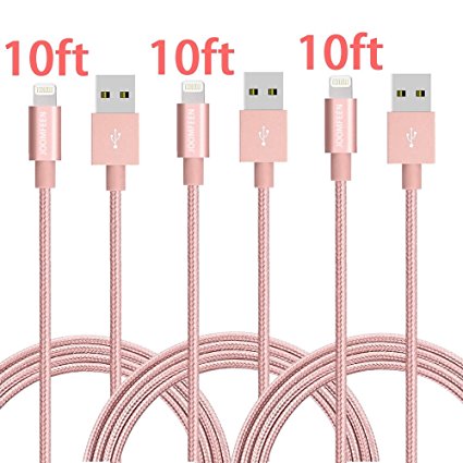 iPhone Charger, JOOMFEEN 3Pack 10FT Extra Long Nylon Braided 8pin Lightning Cable USB Cord Charging Cable for iphone se, 7, 7 plus,6s, 6s plus, 6plus, 6,5s 5c 5,iPad Mini, Air,Pro,iPod. (Rose Gold)