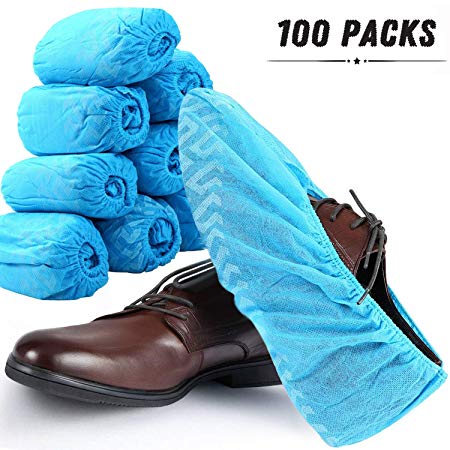Disposable Shoe Covers - 100 Pack (50 Pairs) Boot Covers Nonslip Waterproof Onesize Fit Most - Perfect for Home Lab Workplace Visiting (Blue)