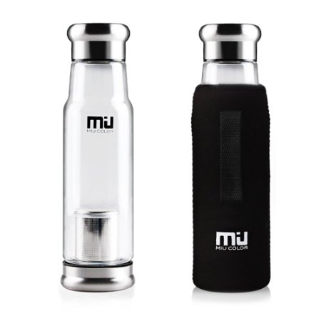 MIU COLOR Stylish Portable Handmade Crystal Glass Water Bottle with Tea Strainer and Nylon Sleeve 550ml Designed in Switzerland