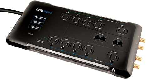 Bell'O Digital ASG3010  10 Outlet Energy Saving Audio Video Surge Protector with 8 Feet Cord plus Coax, Phone and Network Protection with Labeled Outlets