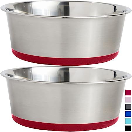 Gorilla Grip Stainless Steel Metal Dog Bowl Set of 2, 4 Cups, Rubber Base, Heavy Duty, Rust Resistant, Food Grade BPA Free, Less Sliding, Quiet Pet Bowls for Cats and Dogs, Dry and Wet Foods, Red