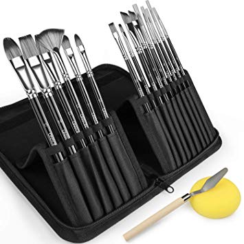 Artist Paint Brush Set - 15 Different Sizes Paint Brushes for Acrylic Watercolor Oil Gouache Paint - Perfect Gift for Artists, Adults & Kids - Free Painting Knife and Watercolor Sponge.