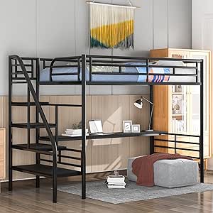 Harper & Bright Designs Metal Loft Bed with Desk, Twin Loft Bed with Stairs, Heavy Duty Metal Loft Bed Frame Twin Size for Bedroom, Dorm Room or Guestroom, No Box Spring Needed (Twin, Black)