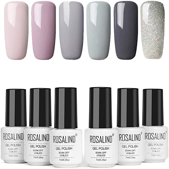 ROSALIND Gel Nail Polish Set - Nude Grays 6 Colors, Popular Nail Art Colors UV LED Soak Off Nail Gel Kit