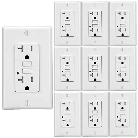 PROCURU 10-Pack 20A Tamper Resistant, Self Test GFCI Outlet with LED Indicator, Wall Plates Included, White (1GFW20-10P)