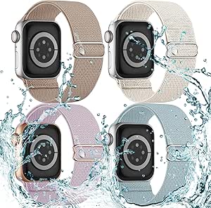 Stretchy Solo Loop Waterproof Compatible with Apple Watch Bands 38mm 40mm 41mm 42mm 44mm 45mm 49mm, Sweat-Wicking Nylon Sport Strap Women Men for iWatch Series 9 8 7 6 5 4 3 2 SE Ultra, 4-Pack