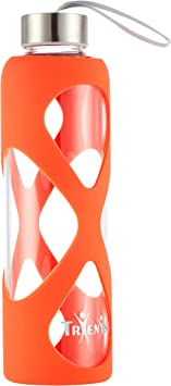 Trienics 550ml Glass Water Bottle, Eco-Friendly Borosilicate Glass Sports/Travel Water Bottle with a Non-Slip Silicon Sleeve, Stainless Steel leak-proof cap, BPA-Free, no Plastic