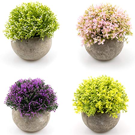 Foraineam 4-Pack Flower Topiary Shrubs Fake Plants Artificial Mini Plants with Gray Pots for Bathroom, House, Office Décor