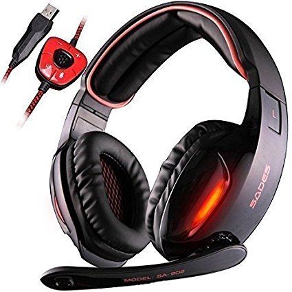 Gaming Headset, SADES SA902 7.1 USB Virtual surround Stereo Sound PC Headsets Wired LED Over Ear Gaming Headphones Mic Volume Control (Black&Red)