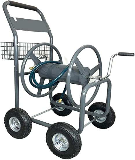 Ashman Garden Hose Reel Cart - 4 Wheels Portable Garden Hose Reel Cart with Storage Basket Rust Resistant Heavy Duty Water Hose Holder