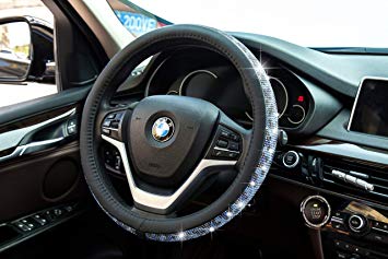 Crystal Steering Wheel Cover, Leather Surface Bling Bling Rhinestone, Black Universal 15-inch Protector for Female Girls. (Bing Black Blue)