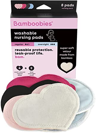 bamboobies Washable Reusable Nursing Pads with Leak-Proof Backing for Breastfeeding, 3 Regular and 1 Overnight Pairs