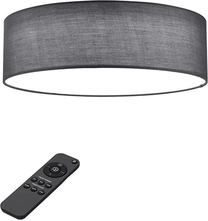 Navaris Flush Mount Ceiling Light - 15.75" Diameter Drum Lamp Shade LED Fixture with Remote Control for Bedroom, Living Room, Kitchen - Dark Gray