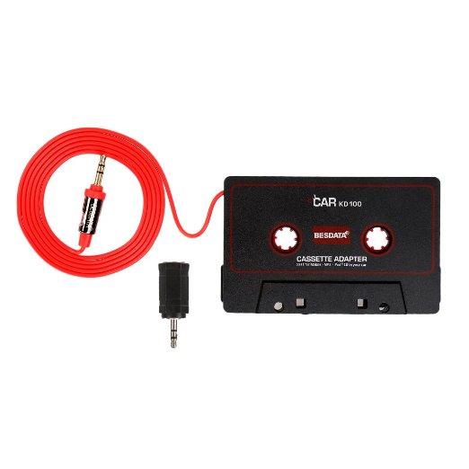 BESDATA Car Cassette Player Adapter for iPod iPad iPhone Cell Phone MP3 Mobil Devices 3 Feet Long Cable with 35mm Male Adapter and 25mm Male Adapter Black - KD100