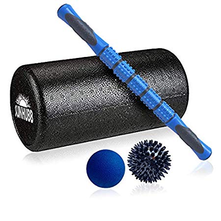Foam Roller Set, Includes 12" High Density Self-Massage Roller, Muscle Roller Stick, Lacrosse & Spiky Balls & Travel Bag -Physical Therapy and Exercise, Deep Tissue, Pain Relief, Myofascial Release