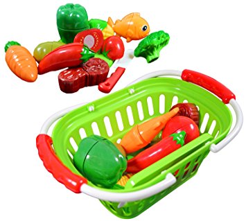 CoolToys Fruit and Vegetable Cutting Playset in Plastic Grocery Basket (13 Pieces)
