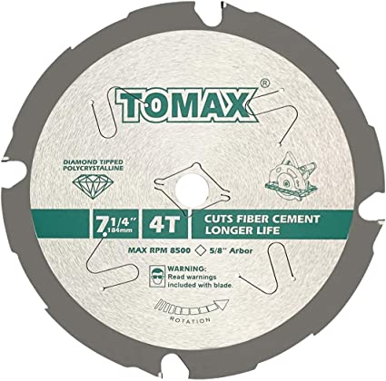 TOMAX PCDM71404 7-1/4 Inch 4 Tooth Polycrystalline Diamond Tipped (PCD) Hardie Fiber Cement Saw Blade with 5/8-Inch DMK Arbor