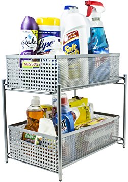 Sorbus 2 Tier Organizer Baskets with Mesh Sliding Drawers —Ideal Cabinet, Countertop, Pantry, Under the Sink, and Desktop Organizer for Bathroom,Kitchen, Office, etc.—Made of Steel (Silver)