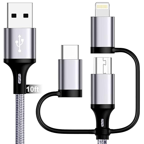 Multi USB Quick Charging Cable,Miger 3 in 1 USB Cable Multiple Mobile Phone Charger Cable with Lightning/USB C/Micro USB[3A]Type C Cable USB Data Cable, for Smartphone/Auto/Tablet/PC/PS4/PS5 (3M)