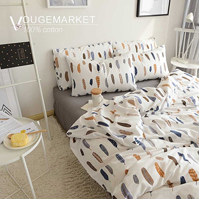 Vougemarket Vibrate Feather Printed Pattern Comforter/Duvet Cover,3 Pieces Luxury and Lightweight Duvet Cover Set with zipper closure-King,Feather