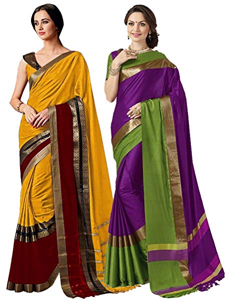 ELINA FASHION Pack of Two Sarees for Indian Women Cotton Art Silk Printed Weaving Border Saree || Sari Combo