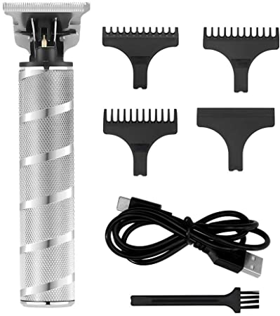 Surker Electric Pro Li Outliner Clippers Barber Accessories Grooming Waterproof Rechargeable Cordless Close Cutting T-Blade Trimmer Hair Clippers for Men 0mm Bald Head Clipper(Silver)