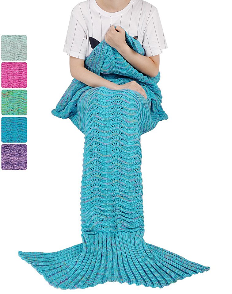 Mermaid Tail Blanket for Adults Teens Kids Knit Crochet with Anti-slip Neck Strap Adjustable, Super Soft Warm Sleeping Bag Blanket for All Seasons Blue