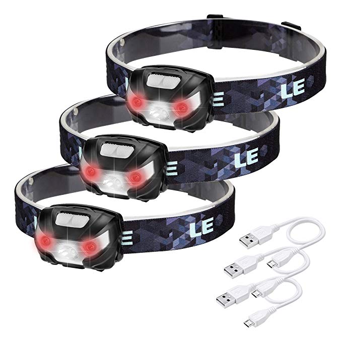 LE Rechargeable LED Headlamp, 5 Lighting Modes, IPX4 Headlight, USB Cable Included for Running Jogging Hiking and more, Pack of 3