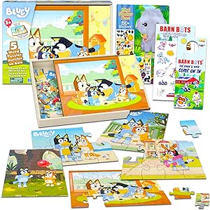 Bluey Wooden Puzzle 5 Pack - Bluey Wood Puzzles Bundle with Holding Tray with Zany Zoo Create-A-Face Stickers and More| Bluey Jigsaw Puzzles for Kids