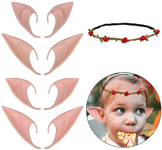 HAHAone 4 Pair Elf Ears Fairy Ears Cosplay Anime Party Costume and Elf Garland, Pixie Ears Goblin Ears Halloween Costume Accessory Party Favors