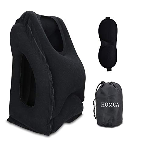 Travel Pillow, Portable Head Neck Rest Inflatable Pillow from HOMCA, Design for Airplanes, Cars, Buses, Trains, Office Napping, Camping - Includes FREE Eye Mask (Black)