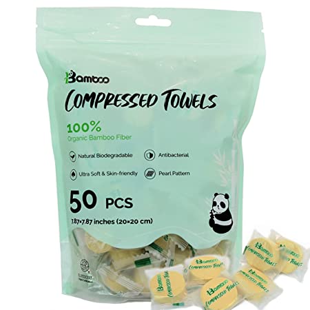 Bamboo Compressed Towel Tablets - 50 Disposable Mini Coin Towels - 100% Organic, Biodegradable, Soft, Portable Hand Wipes for Travel, Camping, Sport, Beauty Salon