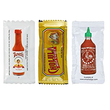 The Hot Stuff Bundle: 25 Packets of Each Hot Sauce - Tapatio, Cholula, Sriracha - 75 Total (Scoville Unit Scale Included)