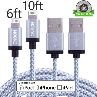 ONSON 2Pack 6FT 10FT Extra Long Nylon Braided 8pin Lightning to USB Charging Cable Sync and Charging Cord for Apple iPhone 6/6s/6 plus/6s plus,5c/5s/5,iPad Air/Mini,iPod Nano/Touch (Gray White)