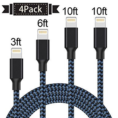 Lightning Cable,ONSON Charger Cables 4Pack 3FT 6FT 10FT 10FT to USB Syncing and Charging Cable Data Nylon Braided Cord Charger for iPhone 7/7 Plus/6/6 Plus/6s/6s Plus/5/5s/5c/SE and more-BlackBlue