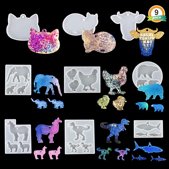 LET'S RESIN Animal Keychain Silicone Molds 9PCS Shiny Resin Molds, Keychain Molds for Epoxy, with Bear, Llama, Cat, Hen,Dinosaur,Shark,Elephant,Bull Head Shape