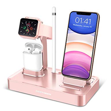 BENTOBEN 3 in 1 Charging Stand Compatible with Apple Watch Series 5/4/3/2/1, Charging Dock Station Desk Stand for Airpods 2/1 iPhone 11 Pro Max XR XS Max X 8 7 6S 6 Plus with Pencil Holder, Rose Gold